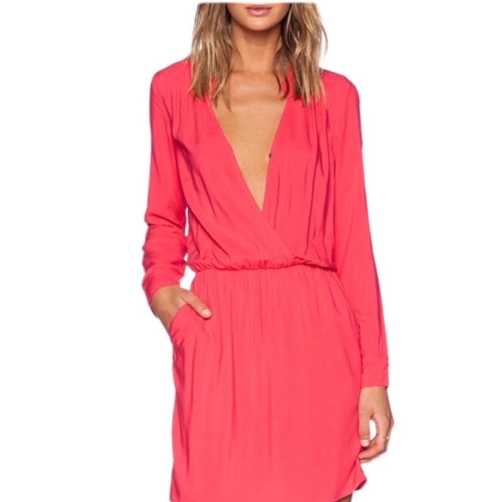 Splendid Coral Long Sleeve V Neck Mini Dress Pockets Elastic Waist Size M NEW - Picture 2 of 10